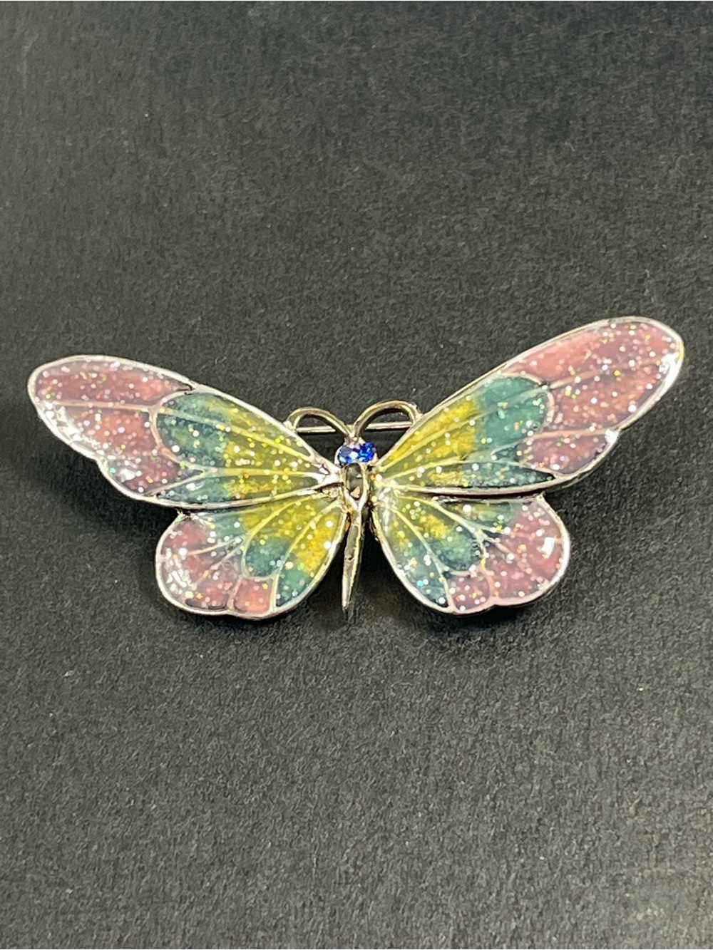 Vintage Silver Tone Enamel Butterfly Brooch Pin Pink Blue Yellow 2.5'